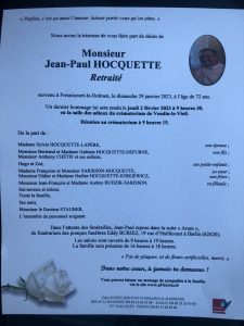 Décès de M. Jean-Paul HOCQUETTE de BARLIN