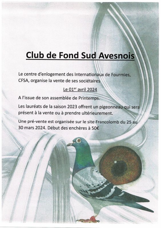 Pré-Vente :  CFSA – Club de Fond Sud Avesnois