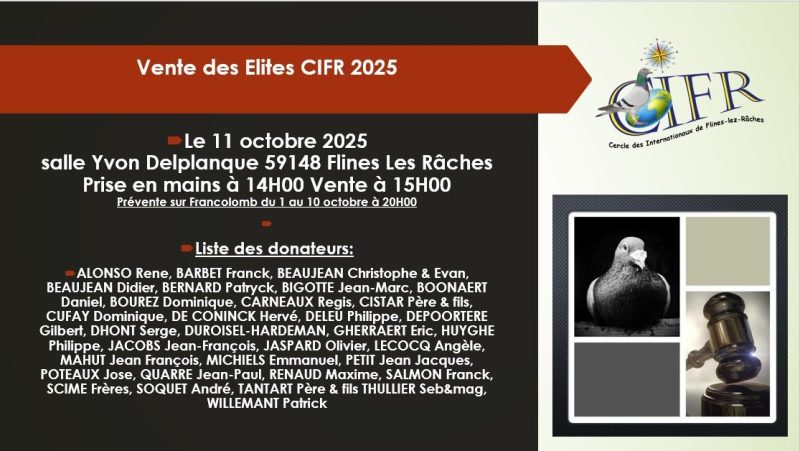 Pré-Vente de Bons et de Pigeons : CERCLE DES INTERNATIONAUX de Flines les Râches