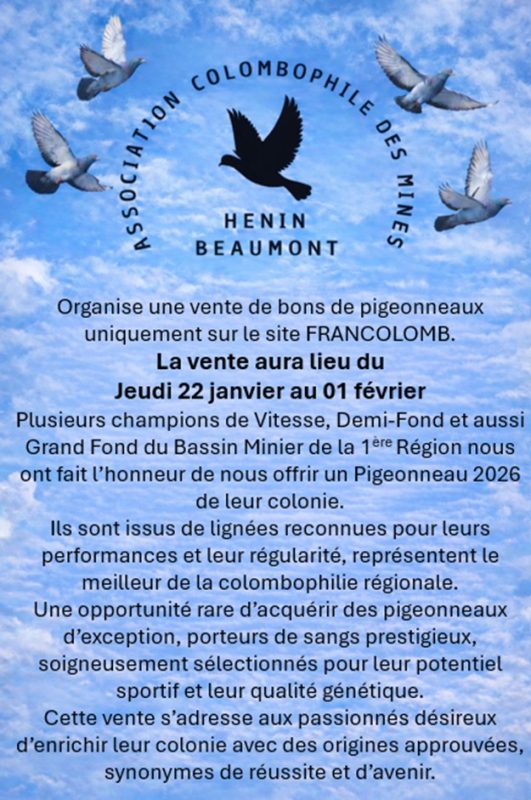 Vente de Bons : Association Colombophile des Mines de HENIN-BEAUMONT