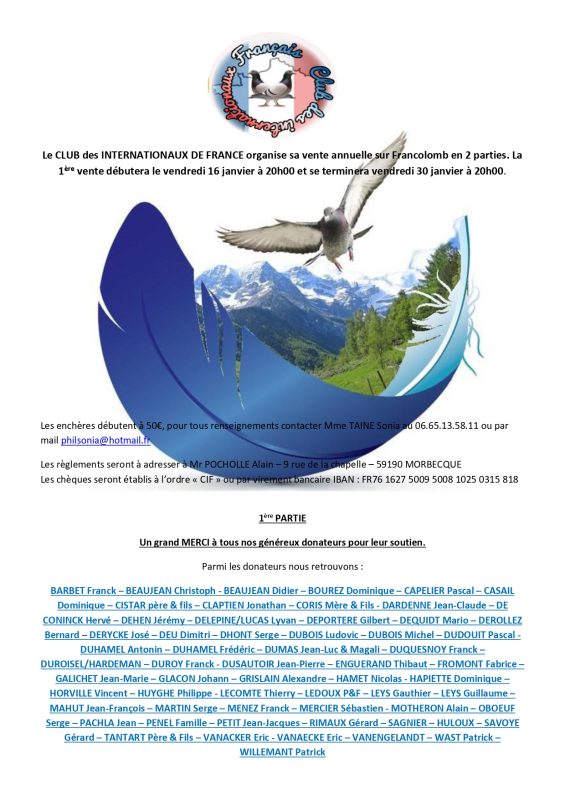 Vente de Bons : CIF – Club des Internationaux Français – 1ère Partie