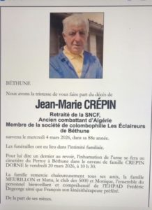 Décès de M. Jean-Marie CREPIN de  Béthune