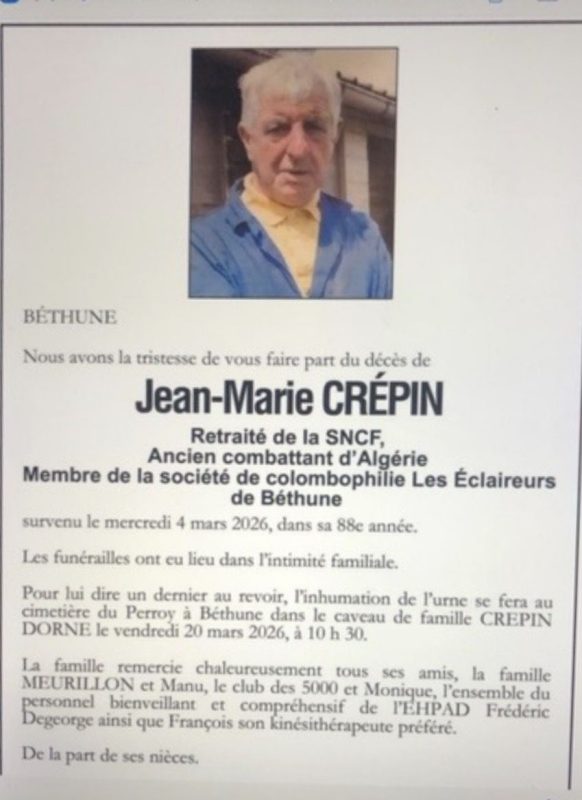 Décès de M. Jean-Marie CREPIN de  Béthune