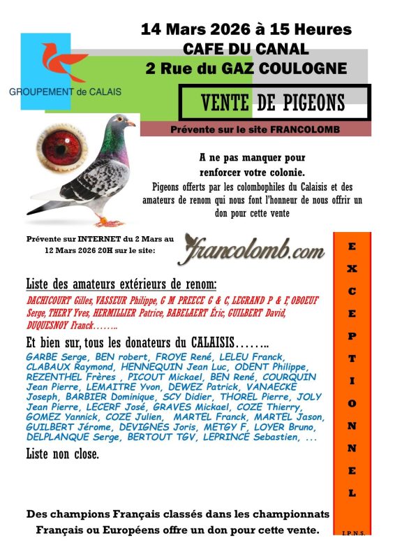 Pré-Vente de Bons : Groupement Colombophile de CALAIS