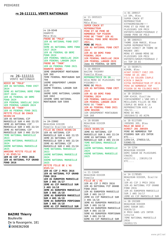 Pedigree 26 Thier Bazire vente nationaux