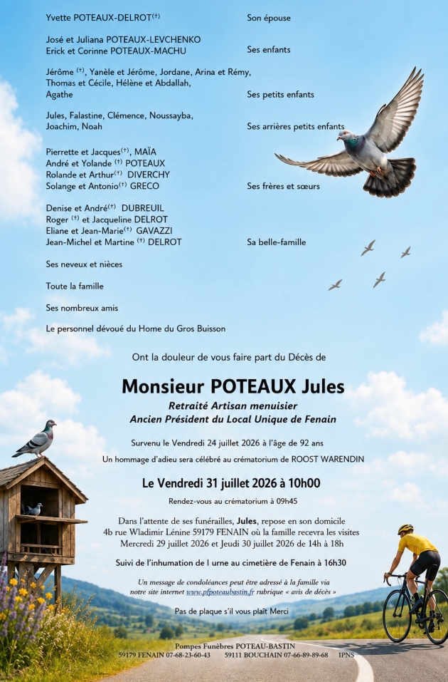 Décès de M. Jules POTEAUX de Fenain
